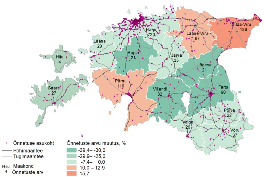 Liiklusõnnetuste arvu muutus maakondades, 2020 ja 2017−2019 keskmine.