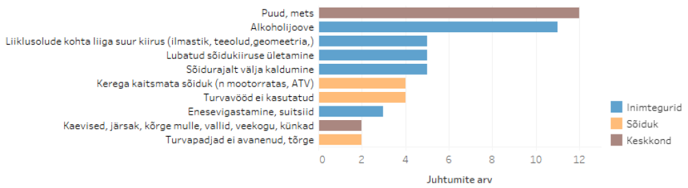 Joonis 3. Ühesõidukiõnnetuste olulisemad riskifaktorid, mis mõjutasid õnnetuse toimumist ja/või tagajärgede raskusastet.